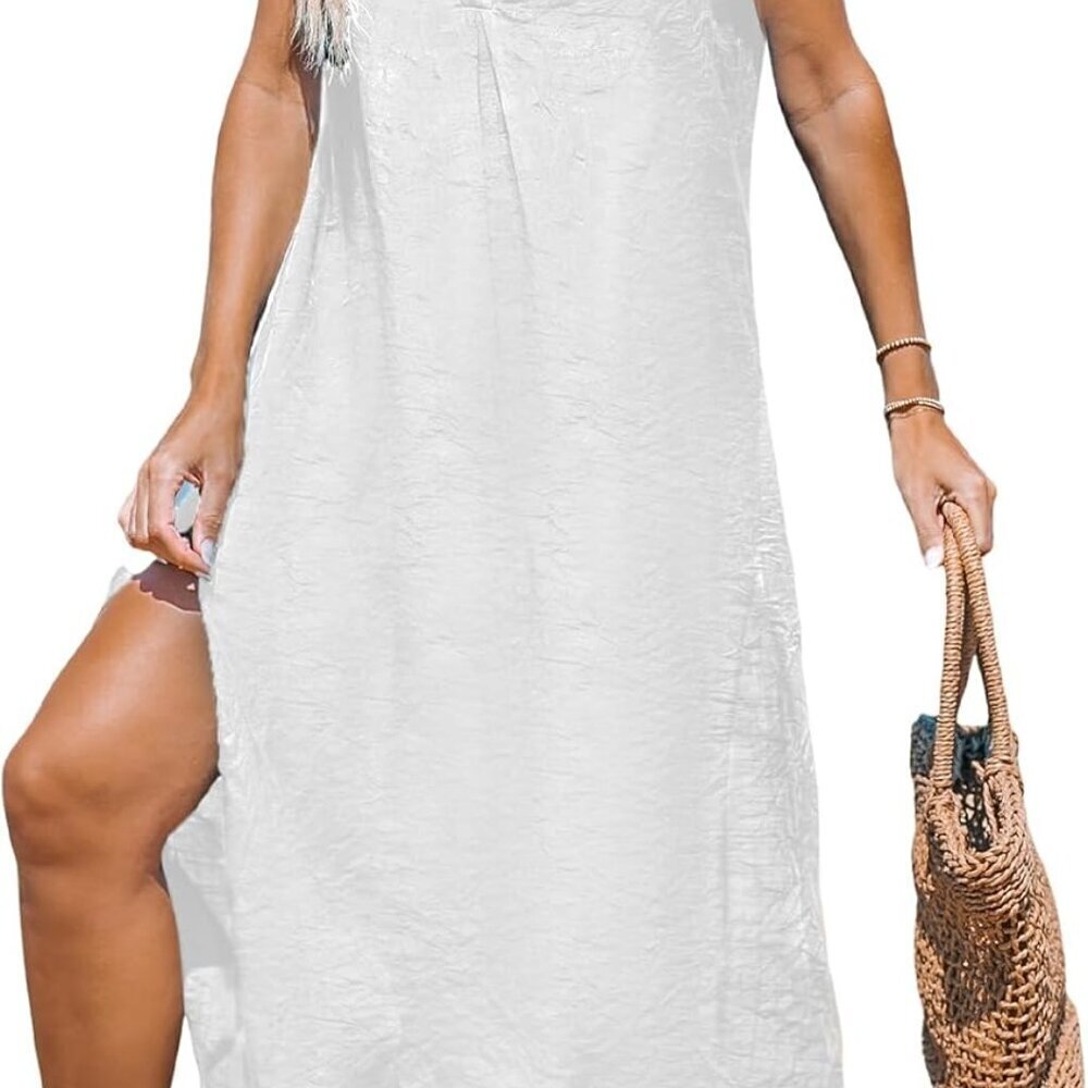 Women's Swimsuit Coverup Casual Sleeveless Side Split Long Cardigans V Neck Midi